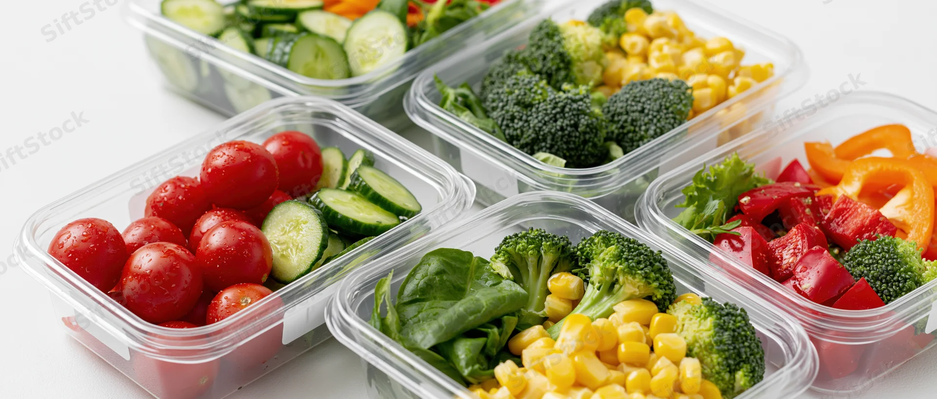 Clear plastic containers filled with portioned vegetables arranged on a white surface