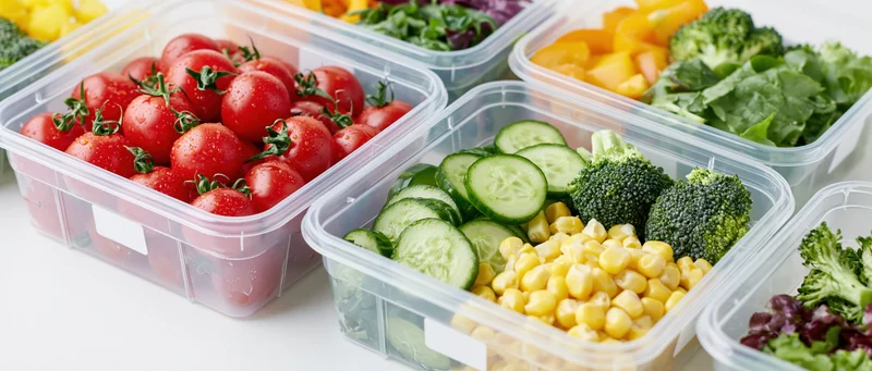 Clear plastic containers filled with portioned vegetables arranged on a white surface