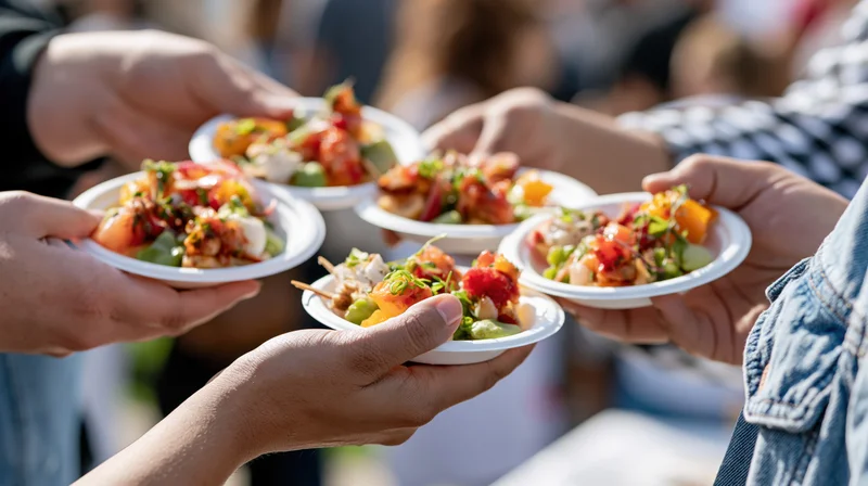 Hands holding small white disposable plates with colorful food samples at an outdoor event