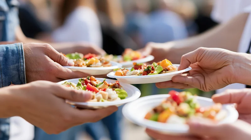 Hands holding small white disposable plates with food at an outdoor gathering