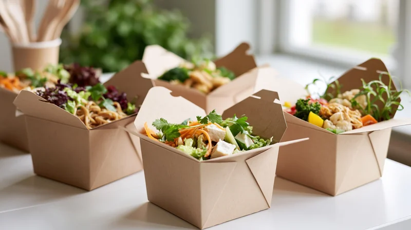 Open kraft paper takeout boxes filled with fresh salad on a white table near a window