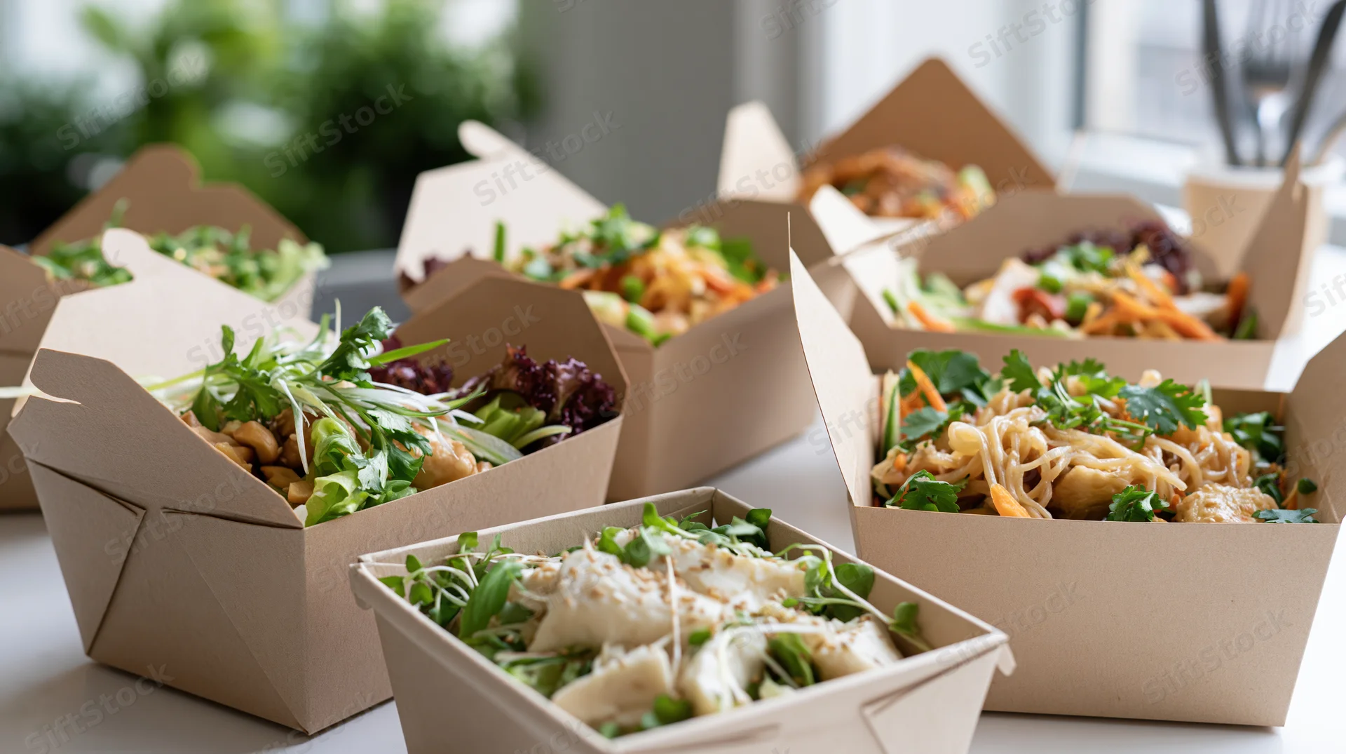 Open kraft paper takeout boxes filled with fresh salads and noodles on a kitchen countertop