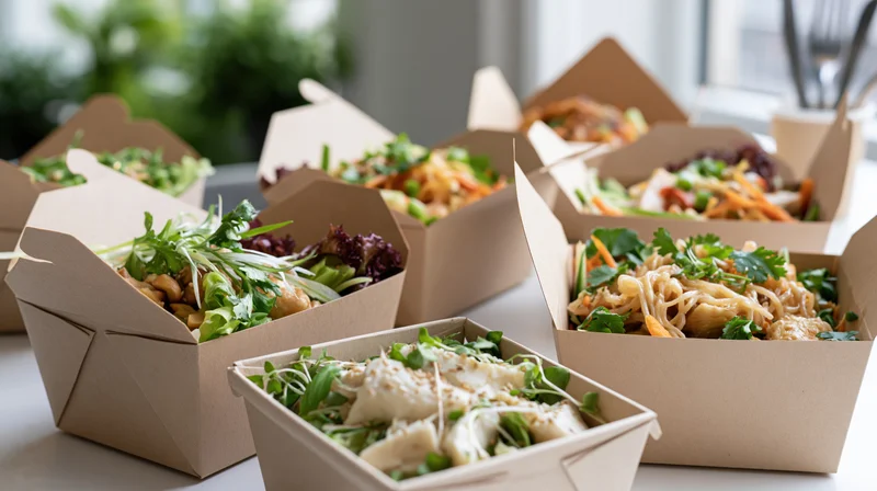 Open kraft paper takeout boxes filled with fresh salads and noodles on a kitchen countertop