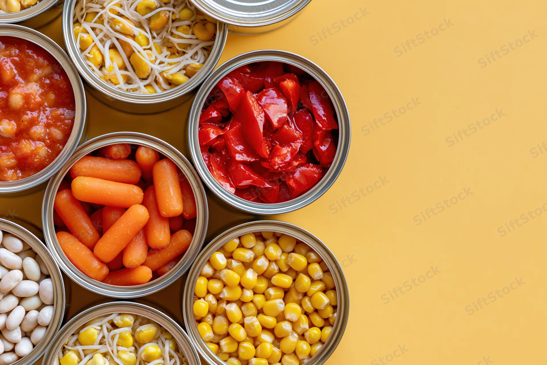 Open tin cans filled with various preserved vegetables arranged on a yellow surface