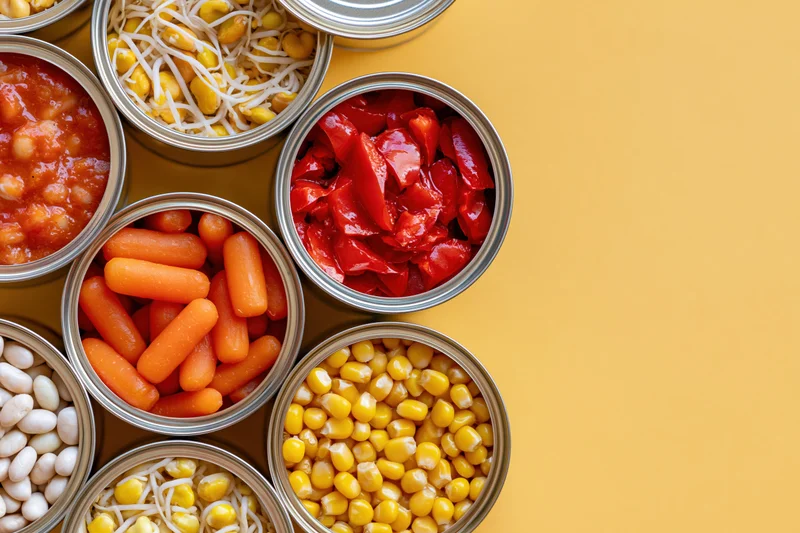 Open tin cans filled with various preserved vegetables arranged on a yellow surface