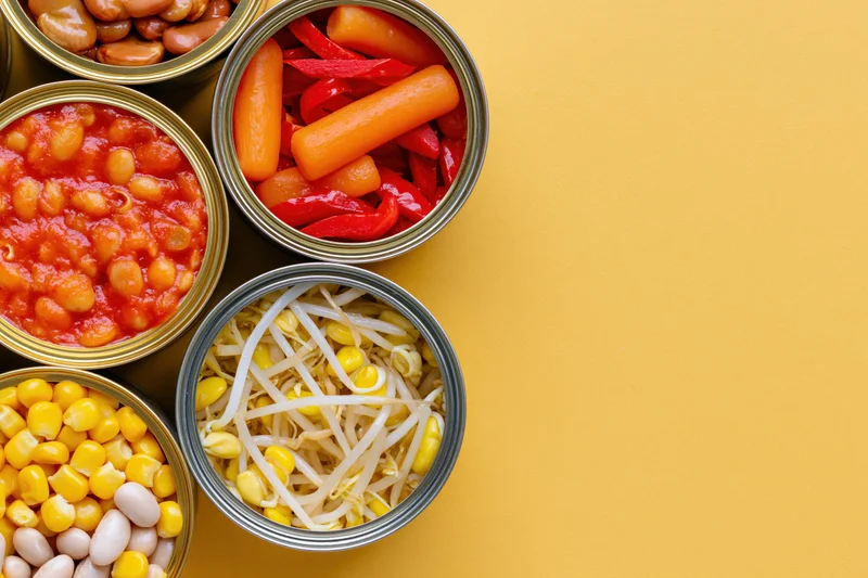 Open tin cans filled with various preserved vegetables arranged on a yellow surface