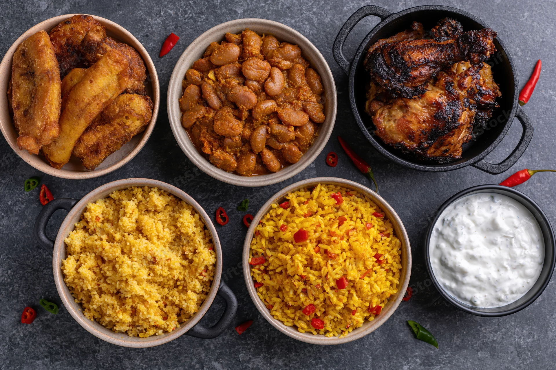 Six bowls of west african food arranged on dark slate surface with rice, beans, chicken, plantain and yogurt
