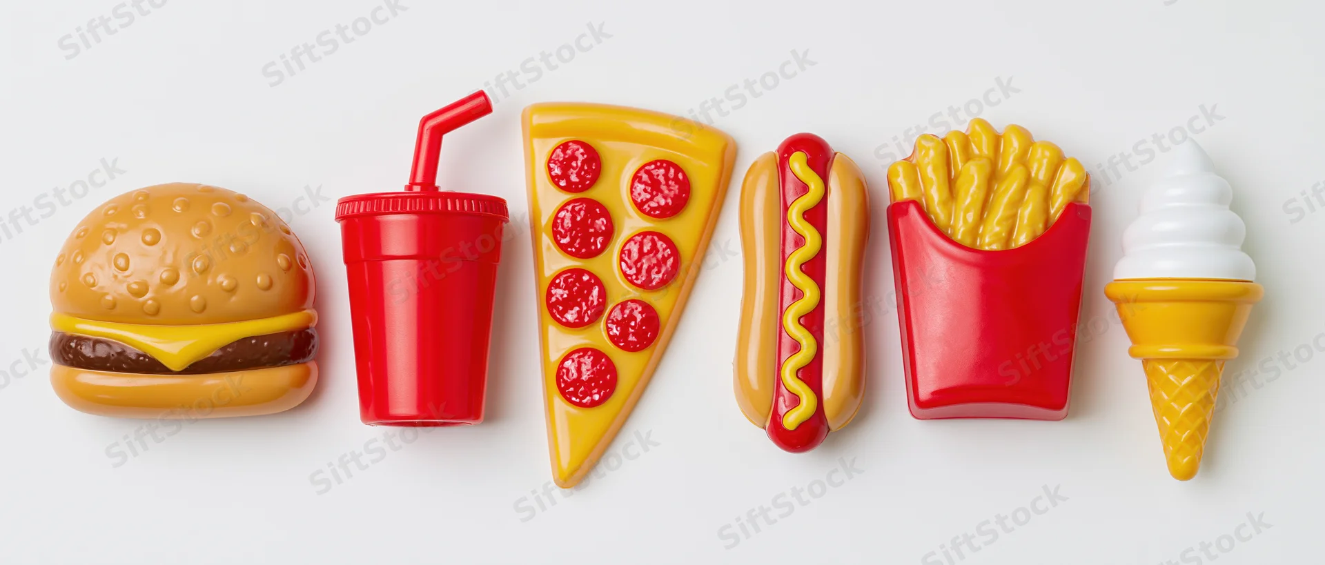 Six plastic toy fast food items arranged in a horizontal row on a white background