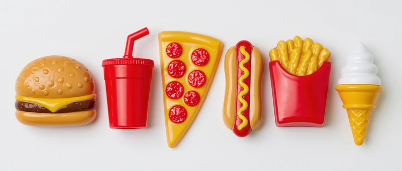 Six plastic toy fast food items arranged in a horizontal row on a white background