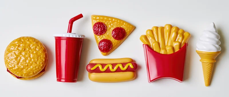 Plastic toy fast food items arranged in a row on a white surface