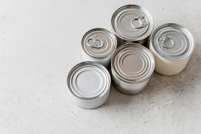 Six unlabeled tin cans of varying sizes arranged on a speckled countertop