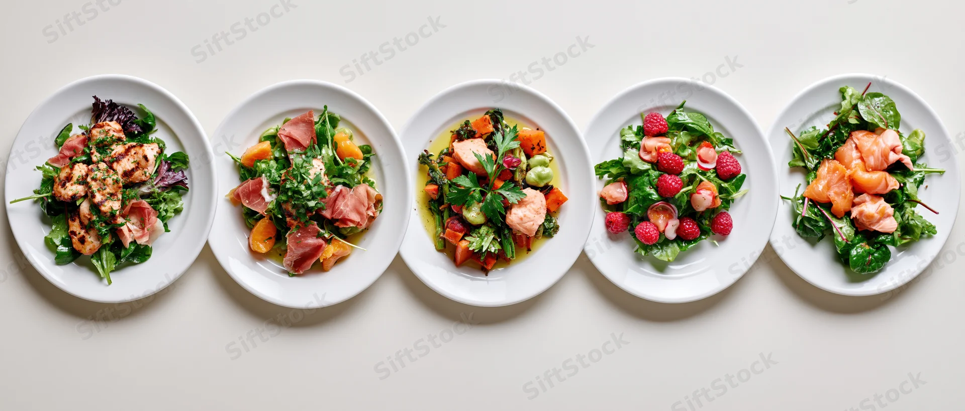 Five salads with varied toppings arranged in a row on white plates viewed from above