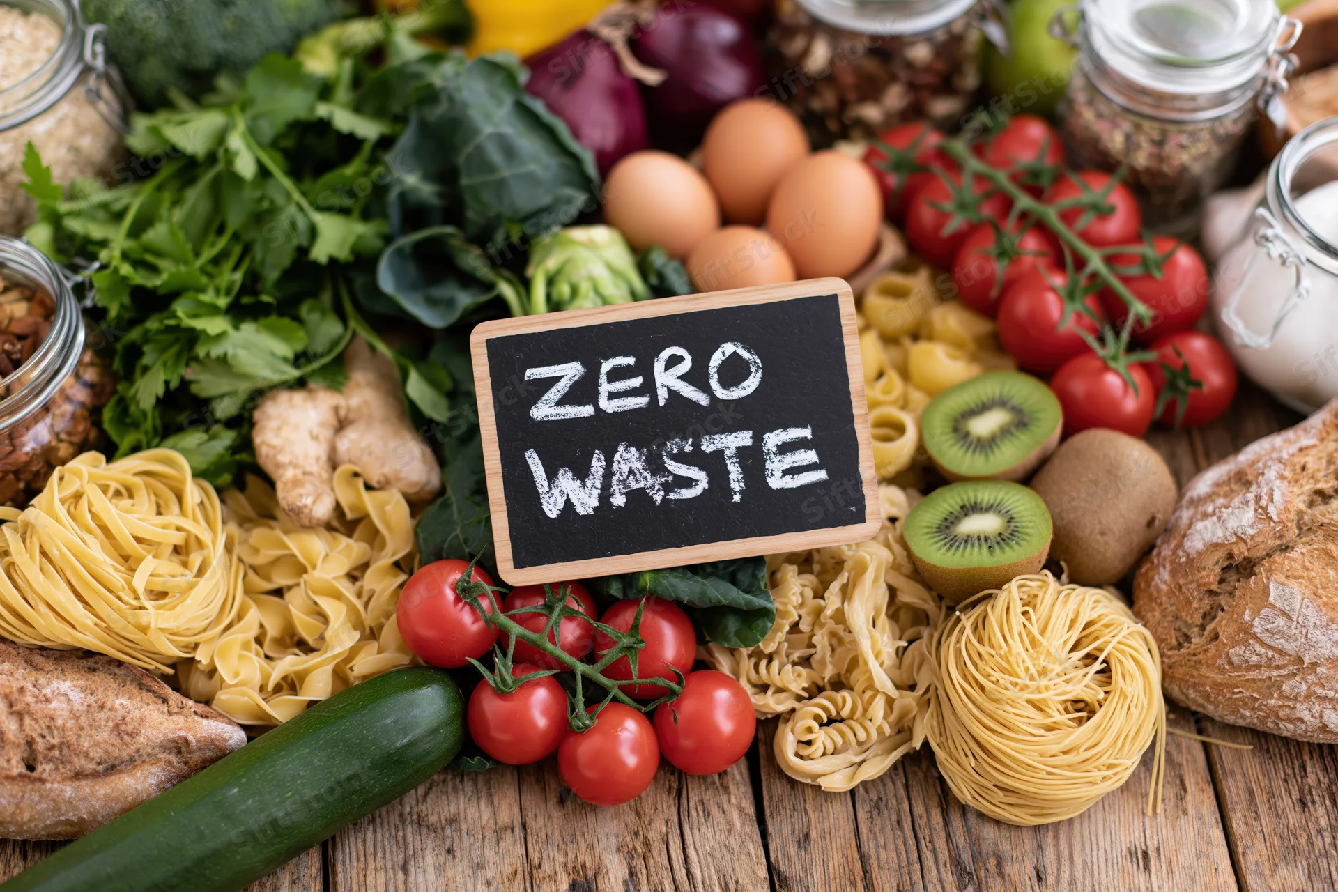 Chalkboard sign reading zero waste surrounded by fresh produce and pantry staples on wooden surface