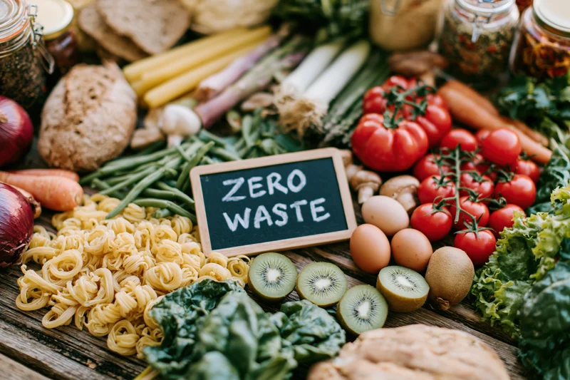Chalkboard sign reading zero waste surrounded by fresh vegetables fruits eggs pasta bread and jars on wooden table