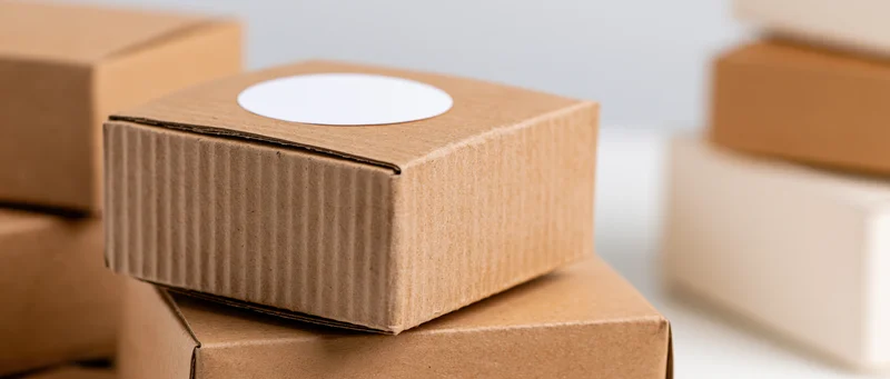 Small kraft cardboard box with white circular sticker stacked on others in a minimalist arrangement