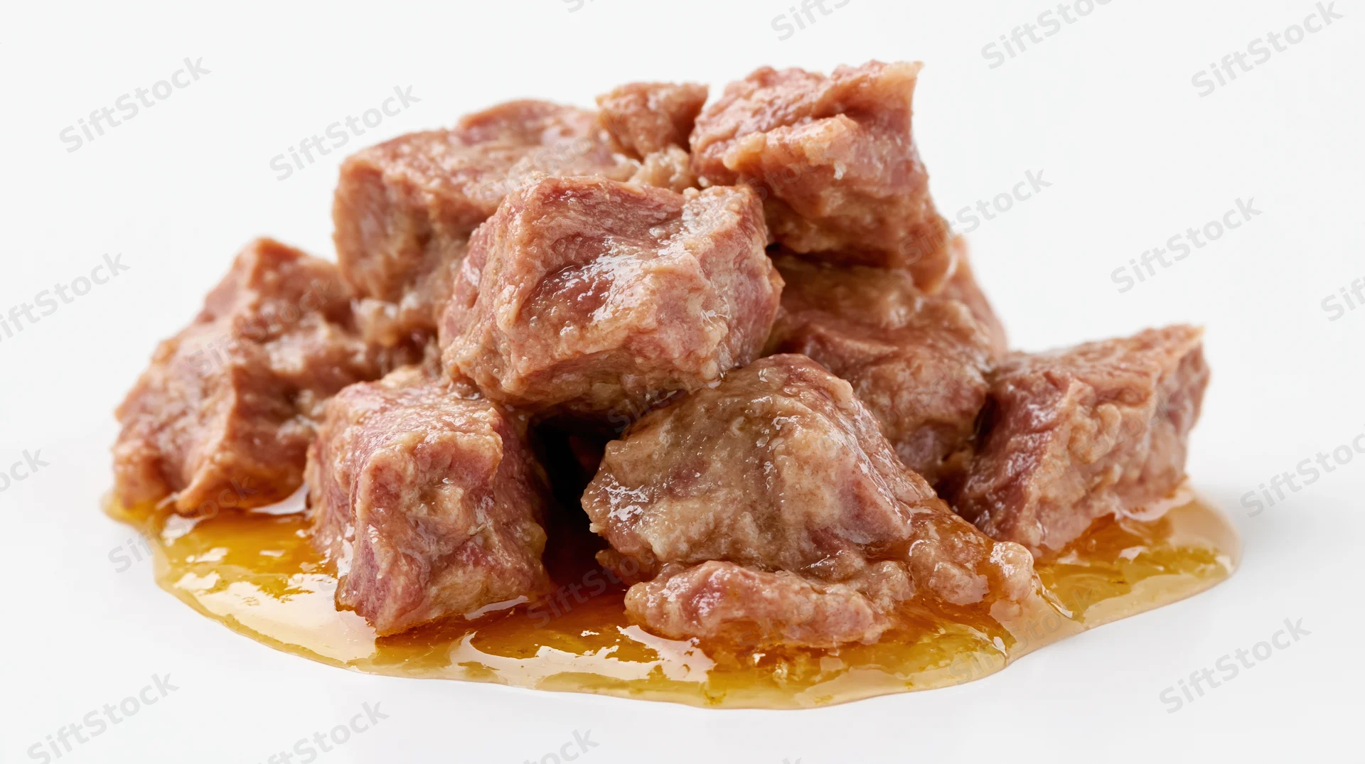 Pile of wet cat food chunks in gravy on white background