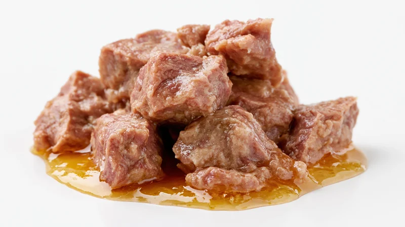 Pile of wet cat food chunks in gravy on white background