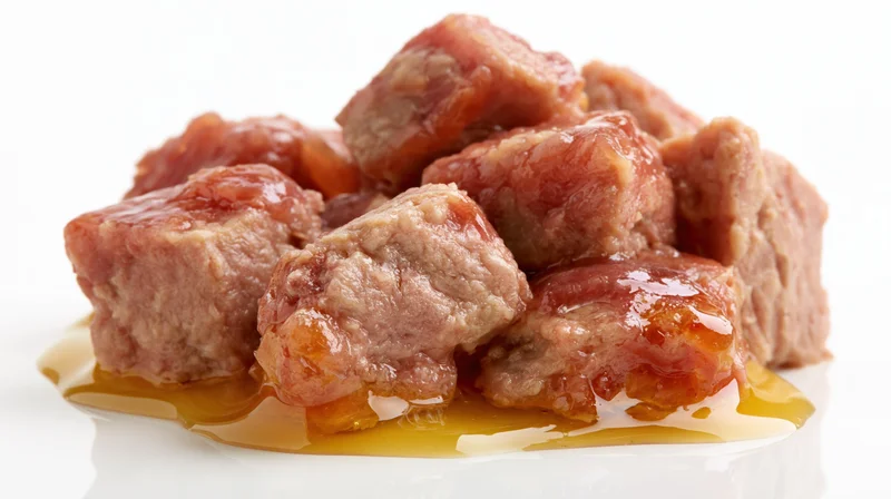 Pile of wet cat food chunks in gravy on white surface