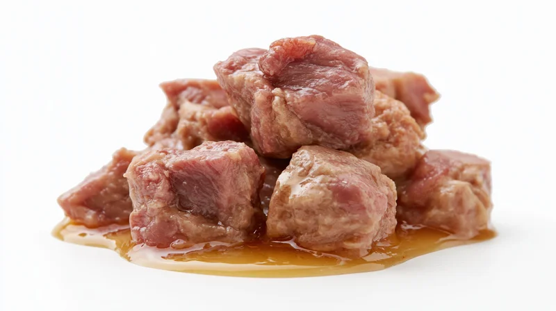 Pile of wet cat food chunks in gravy on white background