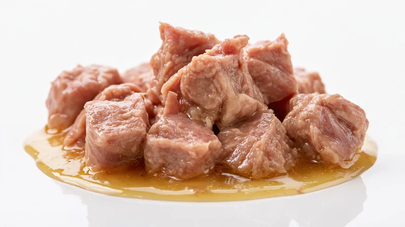 Wet cat food chunks in gravy on a white surface