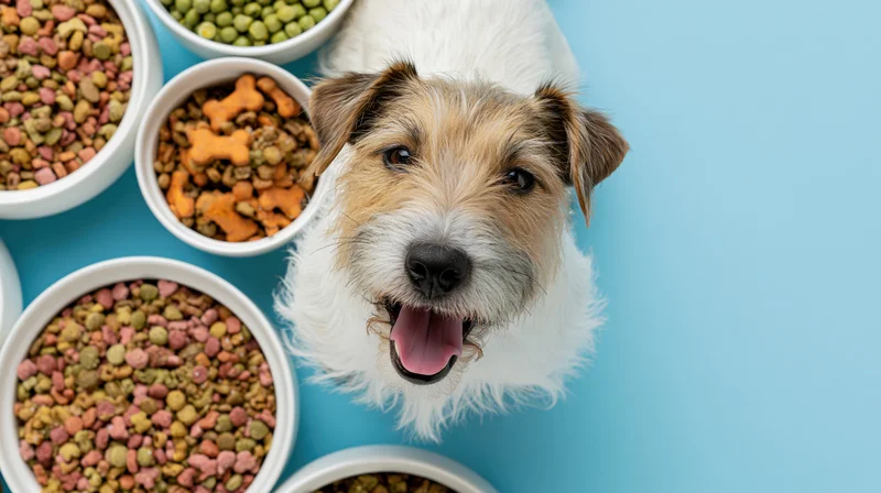 Small scruffy white and tan terrier mix looking up at camera with bowls of dry dog food around it on blue background