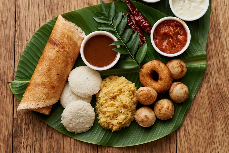 South indian breakfast spread with dosa, idli, vada, sambar and chutney served on a banana leaf on wooden table