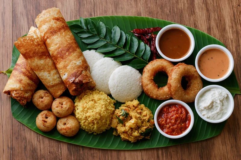 South indian breakfast spread arranged on a banana leaf with dosa, idli, vada, chutney and sambar on wooden table