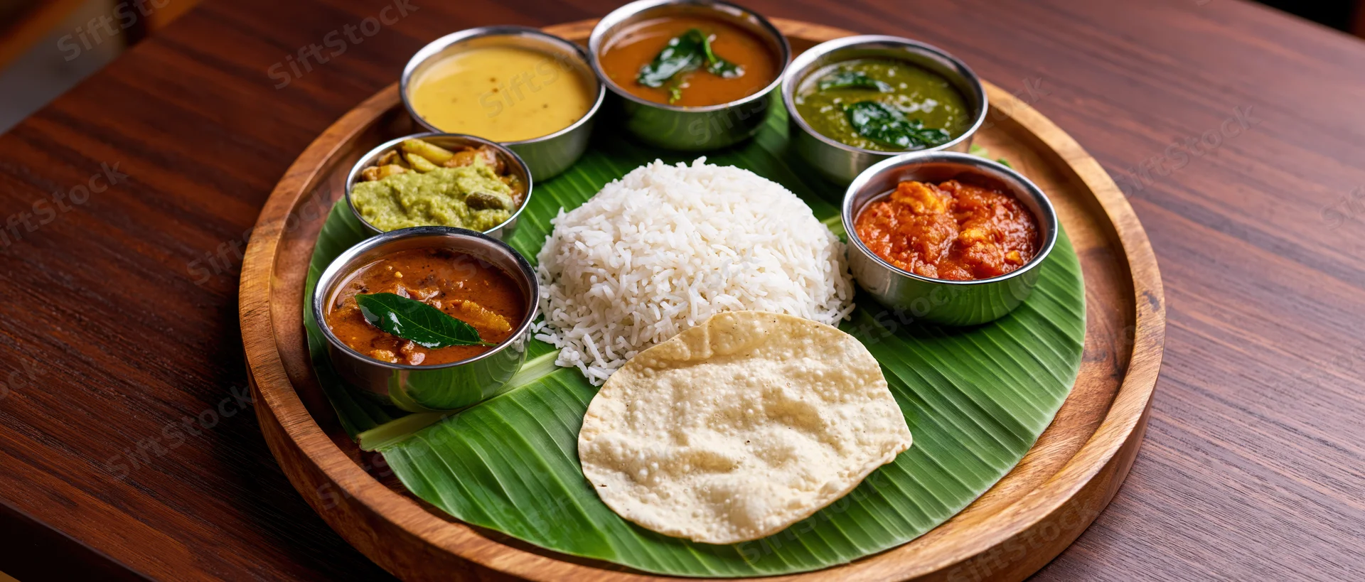 South indian thali meal with rice, curries, chutney and dosa served on banana leaf on wooden tray