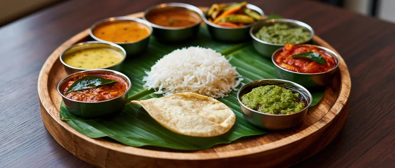 South indian thali meal served on banana leaf with rice, curries, chutneys and dosa on wooden tray