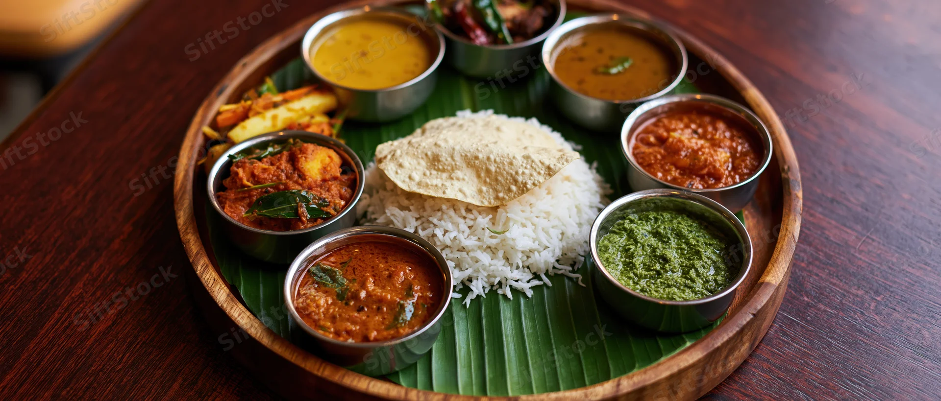 South indian thali meal with rice, curries, chutneys and dosa served on banana leaf on wooden tray