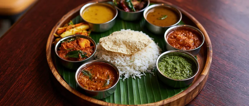 South indian thali meal with rice, curries, chutneys and dosa served on banana leaf on wooden tray
