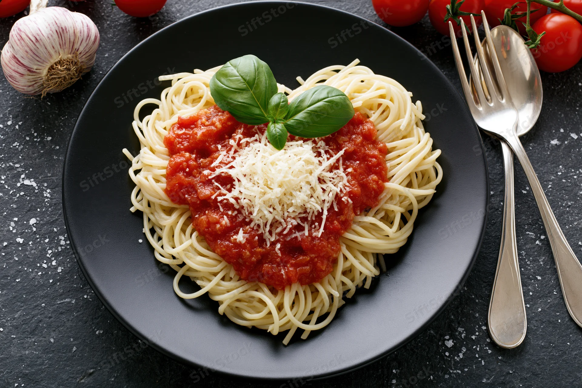 Spaghetti with tomato sauce arranged in heart shape on black plate with basil and cheese, surrounded by garlic and tomatoes, cutlery on side