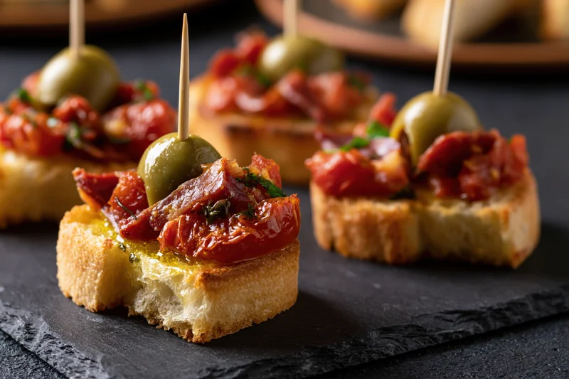 Spanish pintxos with sun-dried tomatoes and green olives on toasted baguette slices arranged on dark slate plate