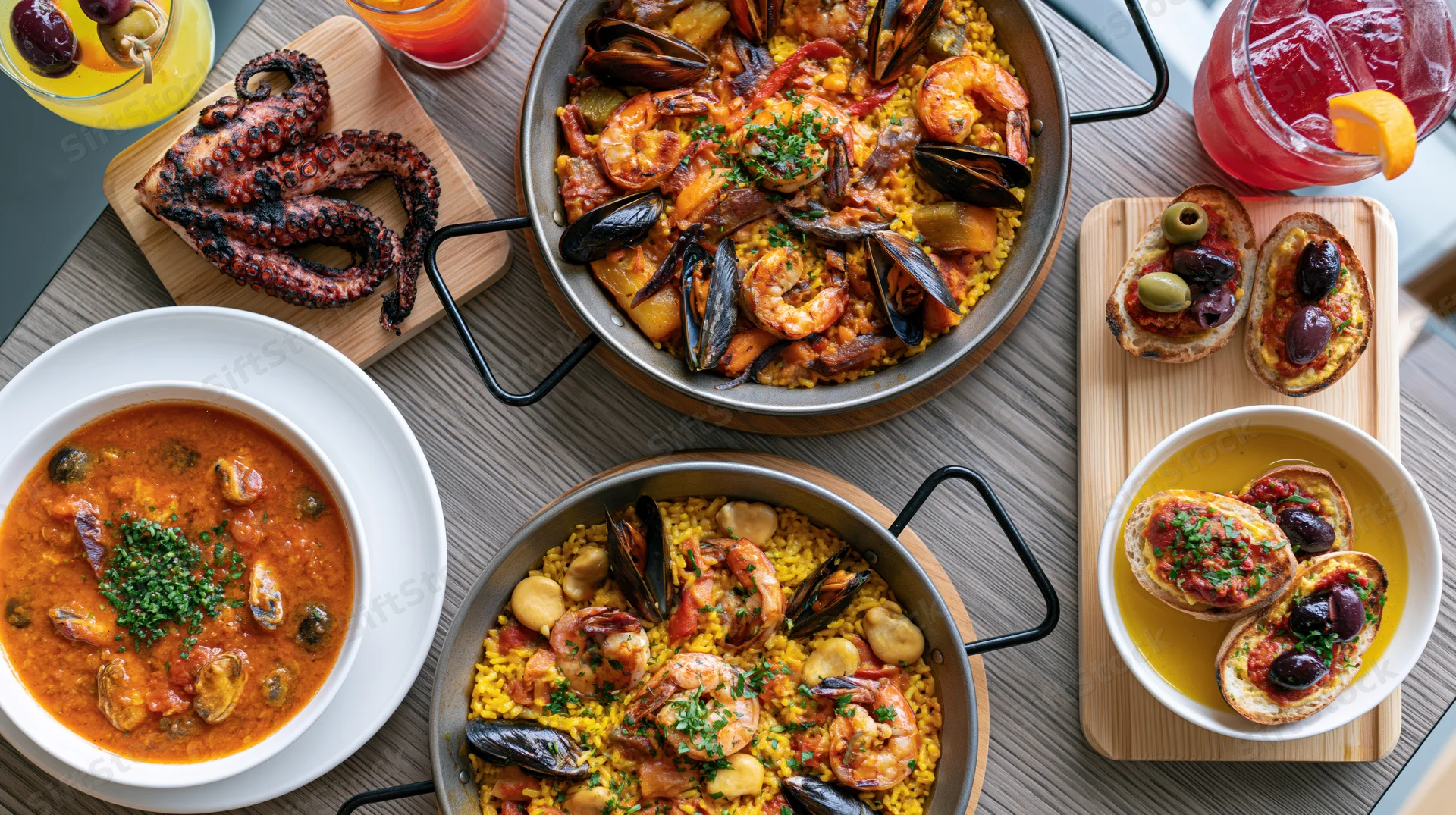 Spanish seafood feast with paella, grilled octopus, and tapas arranged on a wooden table
