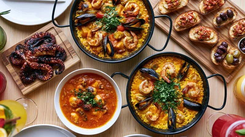 Spanish seafood feast with paella, grilled octopus, and tapas arranged on a wooden table