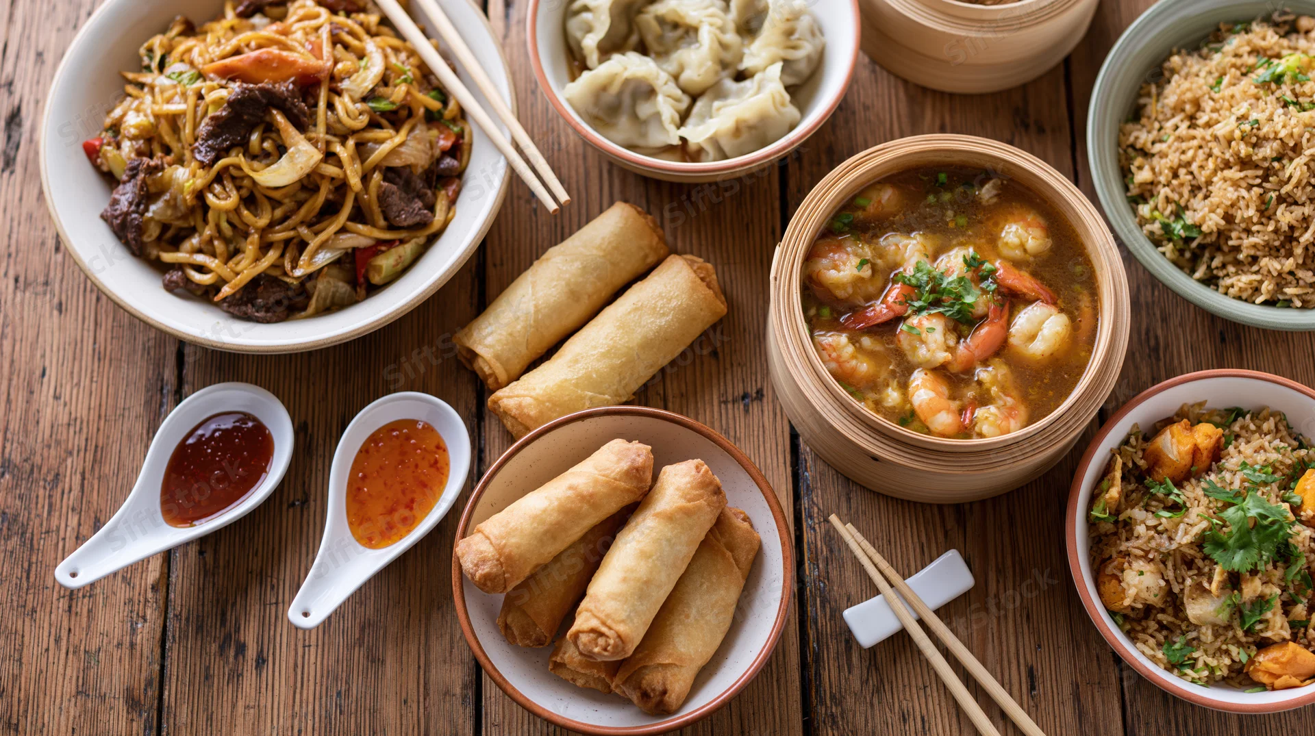 Spread of chinese dishes including stir fry noodles, dumplings, spring rolls, fried rice, and soup arranged on a worn wooden table with chopsticks and sauces