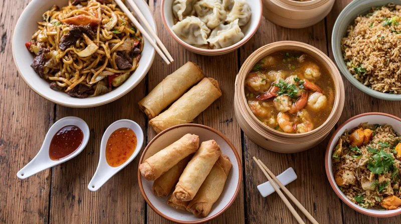 Spread of chinese dishes including stir fry noodles, dumplings, spring rolls, fried rice, and soup arranged on a worn wooden table with chopsticks and sauces