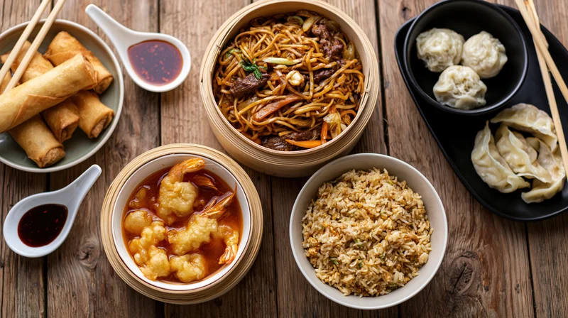Spread of chinese dishes including stir fry noodles, spring rolls, dumplings, fried rice and shrimp in sauce arranged on a worn wooden table