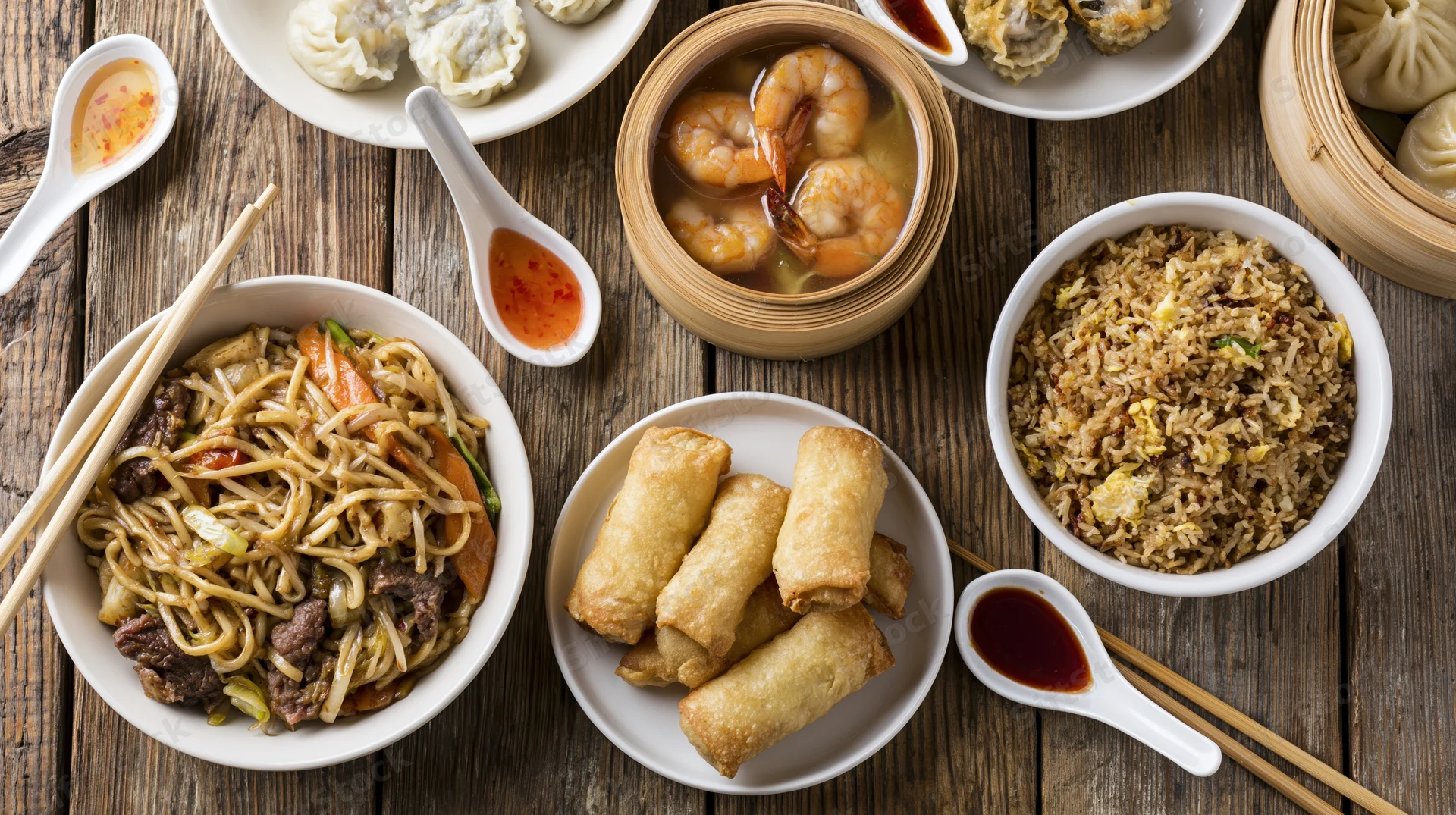Spread of chinese dishes including stir fry noodles, spring rolls, fried rice, and dumplings on a worn wooden table