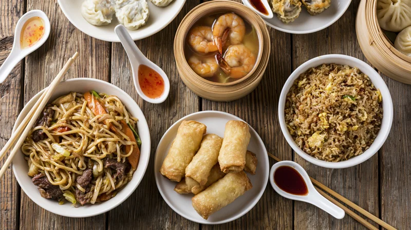Spread of chinese dishes including stir fry noodles, spring rolls, fried rice, and dumplings on a worn wooden table