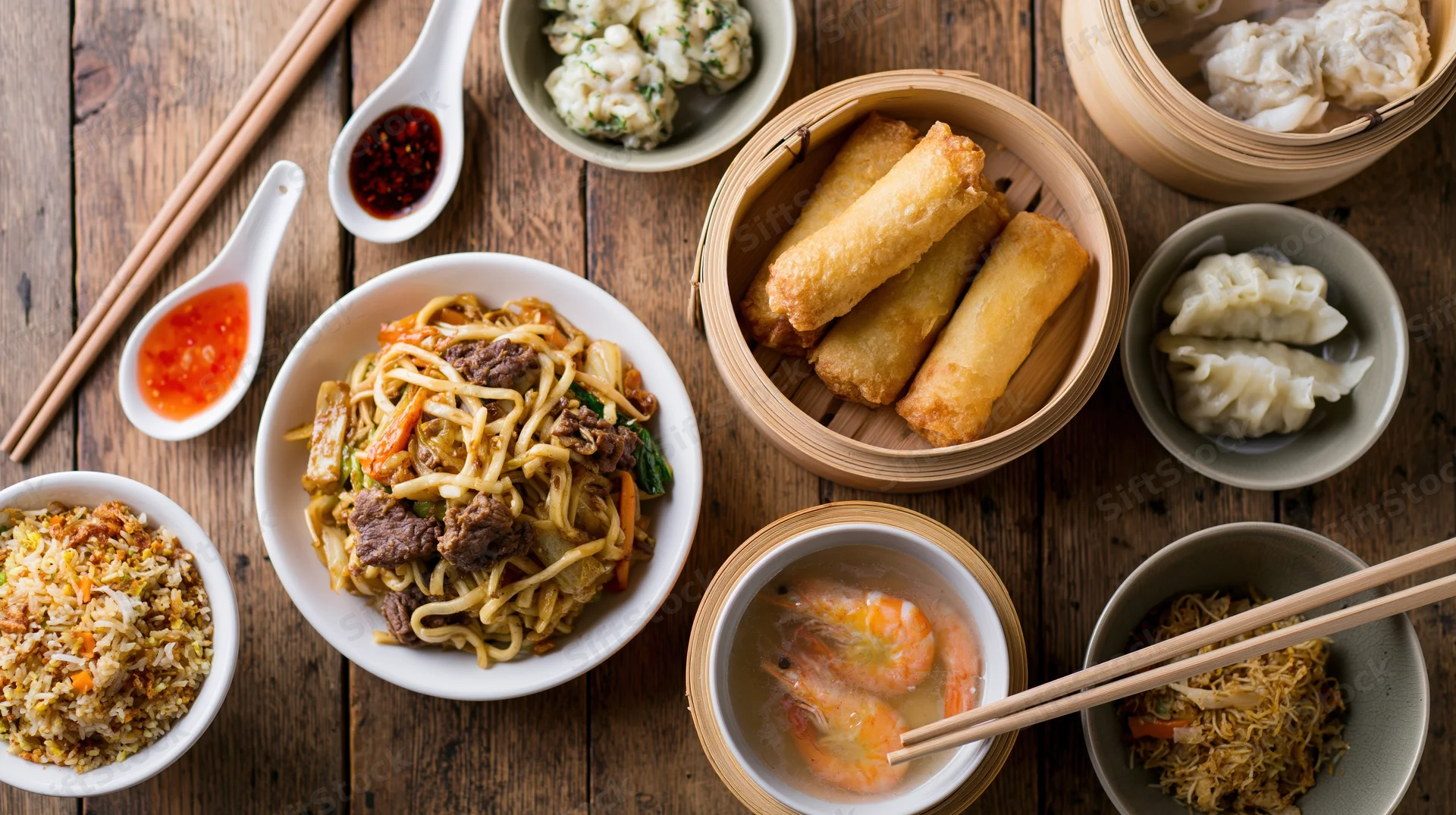 Spread of chinese dishes including stir fry noodles, spring rolls, dumplings and fried rice arranged on a worn wooden table with chopsticks and sauces