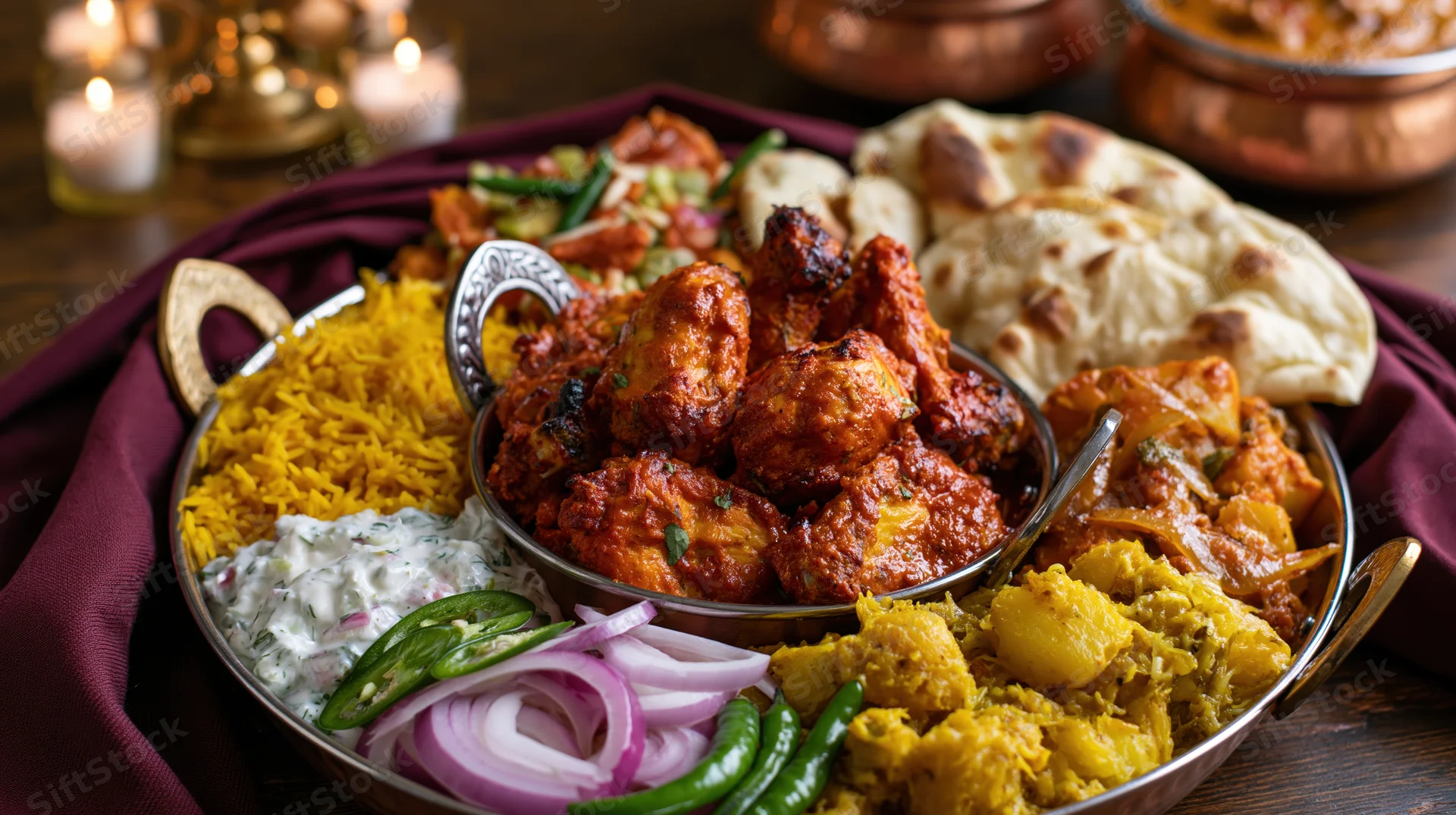 Indian meal spread with tandoori chicken, rice, naan and raita on a copper tray on dark wooden table