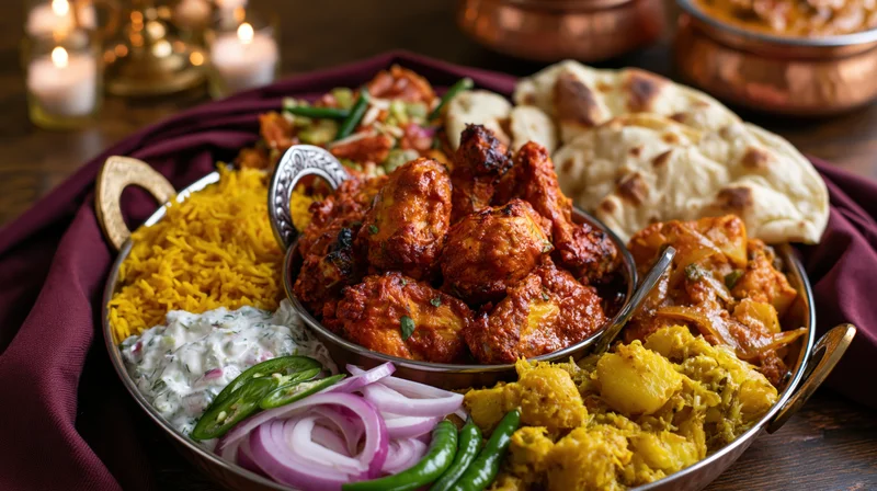 Indian meal spread with tandoori chicken, rice, naan and raita on a copper tray on dark wooden table