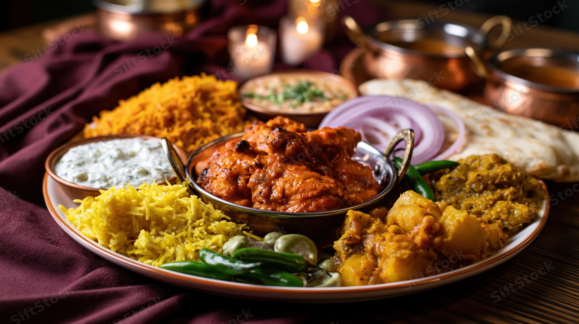 Spread of indian dishes including curry, rice, naan and raita on dark wooden table with candles and copper bowls