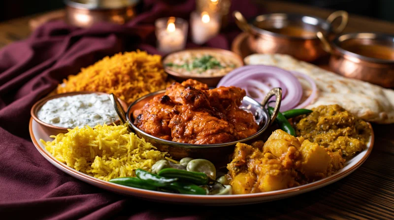 Spread of indian dishes including curry, rice, naan and raita on dark wooden table with candles and copper bowls
