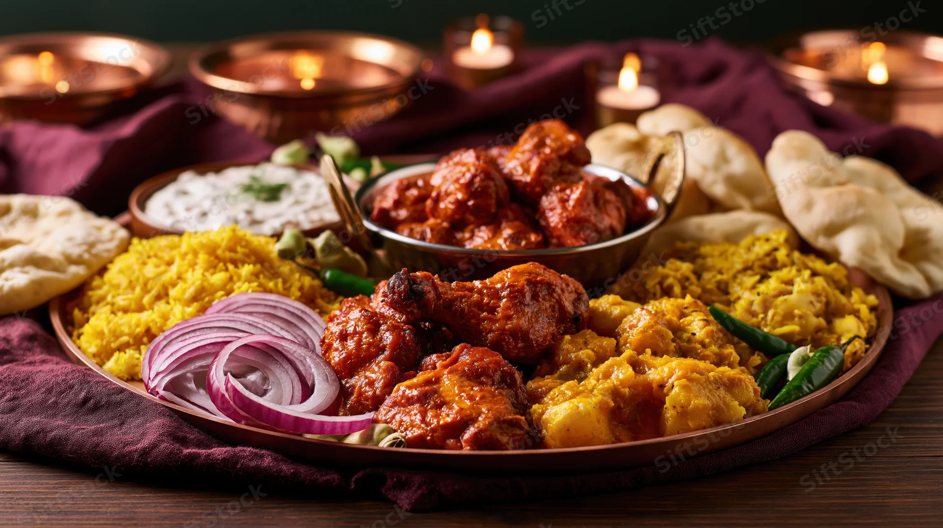 Indian meal spread with tandoori chicken, rice, naan and chutney on dark wooden table with candles and purple cloth