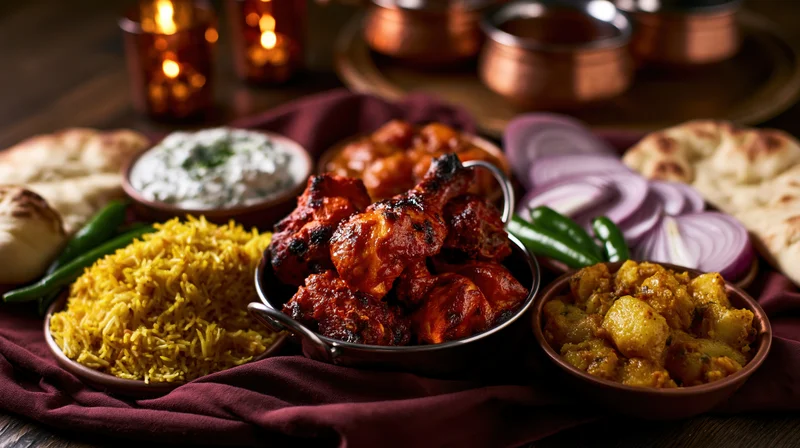 Indian food spread with tandoori chicken, naan, rice, curry and raita on dark wooden table