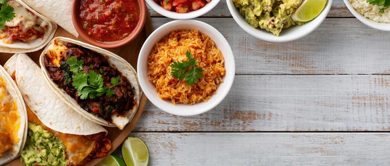 Mexican food spread with tacos, rice, guacamole and salsa arranged along left edge of wooden table