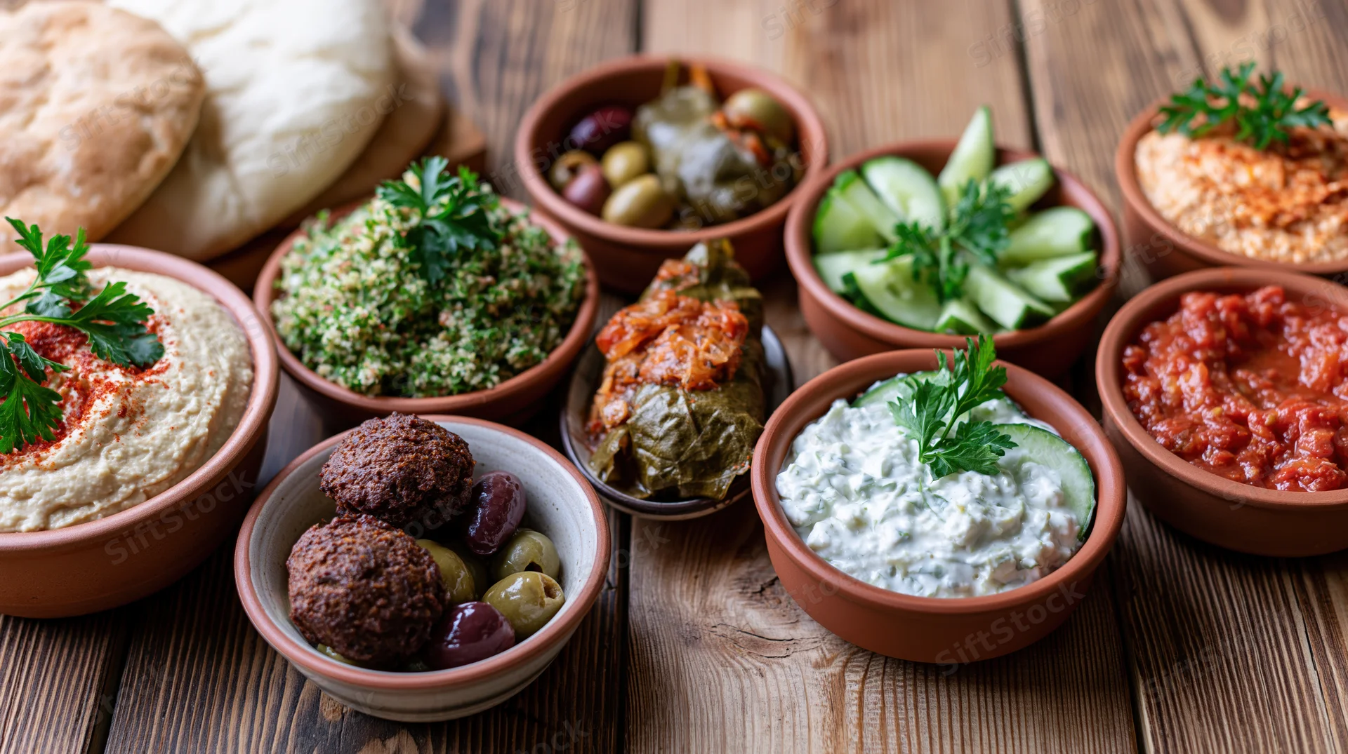 Middle eastern mezze spread with hummus, tabbouleh, falafel and pita on a wooden table
