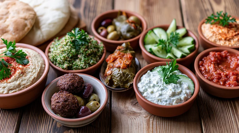 Middle eastern mezze spread with hummus, tabbouleh, falafel and pita on a wooden table